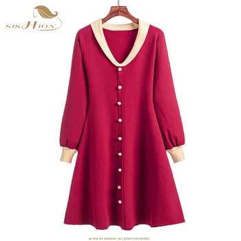 

SISHION Autumn White knitted Dress 3XL Women A-Line Slim V-Neck Mid-Lenght Dresses Button Black Solid Dress Femme QY0703