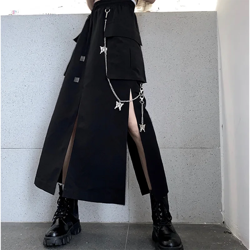 New Summer Fashion Black Skirt Women Korean Casual Streetwear Skirts With Chain Big Pocket Cargo Skirt Female For XS-2XL