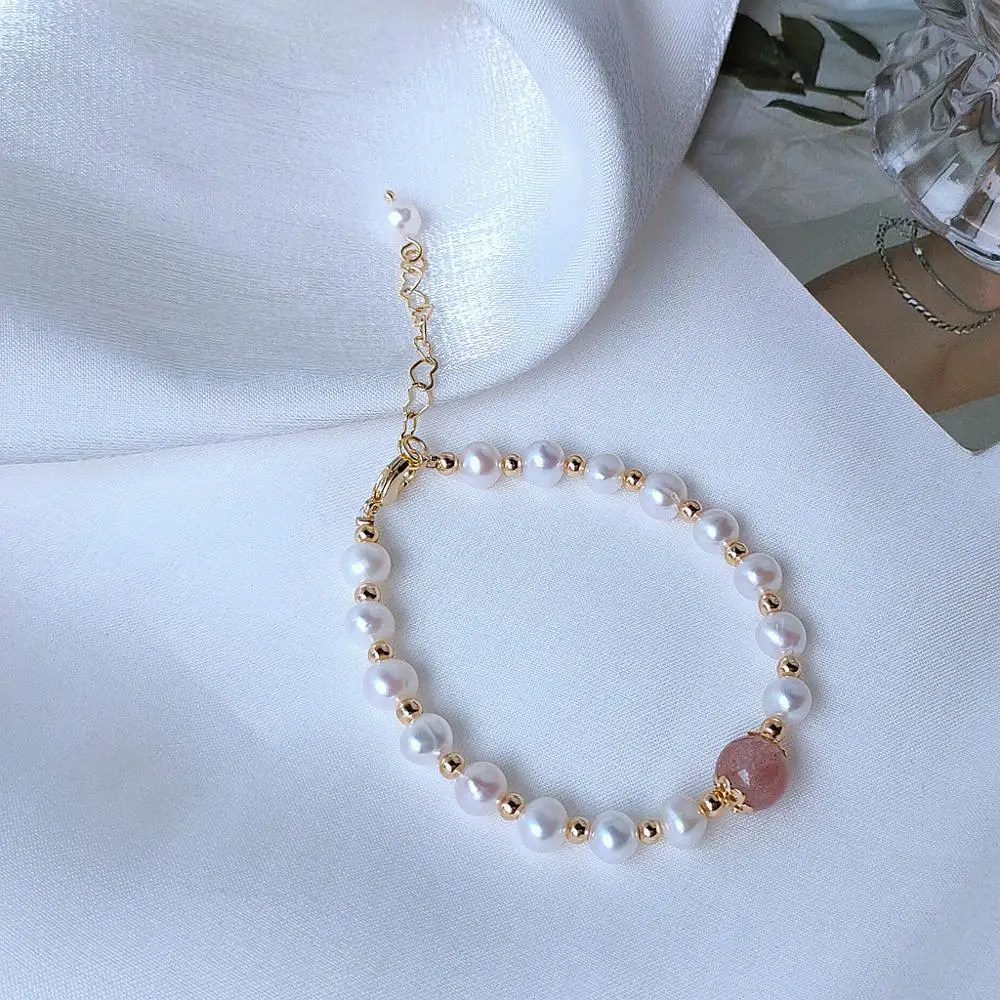 

New Original Handmade 14K Gold Filled Natural Freshwater Pearl Strawberry Quartz Ladies Bracelet Jewelry For Women Gift Hot Sale