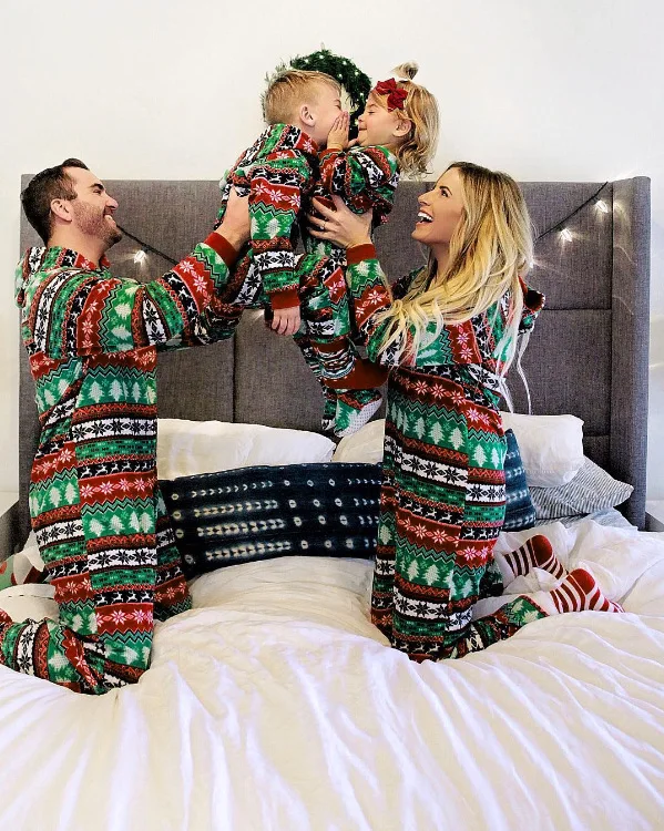 Christmas Trees Printed Round Neck Long Sleeve Jumpsuit Famil Pajamas Casual Sets | Женская одежда