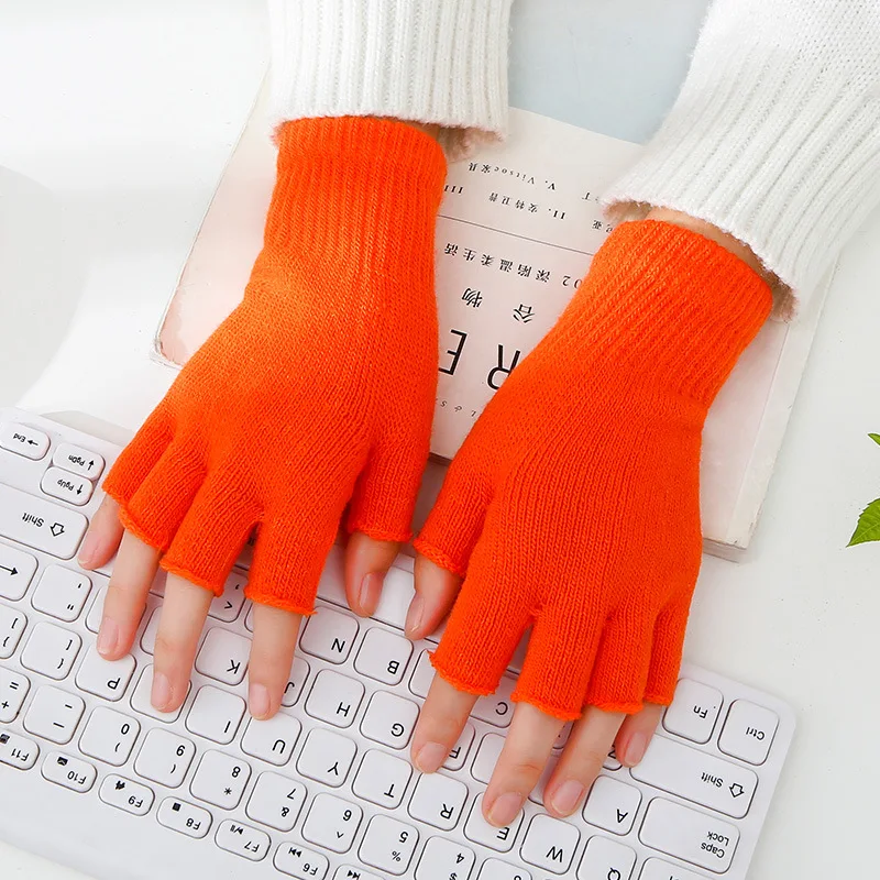 Чистый цвет акриловый трикотажные теплые перчатки без пальцев для обувь для мужчин и женщин; сезон осень-зима - Цвет: Оранжевый