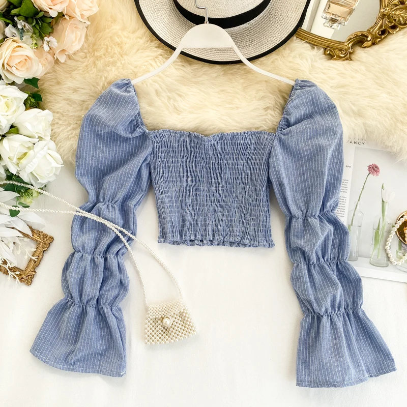 

MUMUZI Women Long Sleeve Blouses Shirt Sexy square collar Blouses Puff Sleeve Tops Casual short design Tee striped shirts