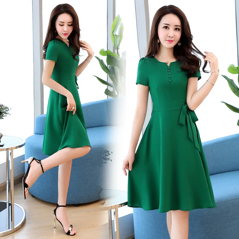 

Short-sleeve Dress Women's Mid-length Summer 2019 New Style Belt Slim Fit Slimming Elegant Fashion Base Skirt