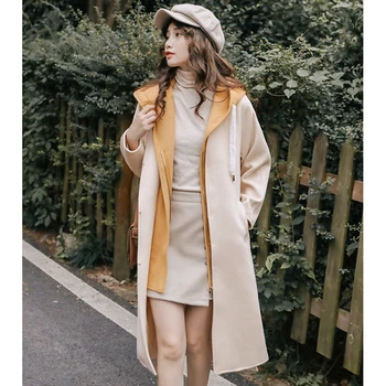 

Women Woolen Jacket 2020 Winter New Wool Thick Hooded Korean Splicing Long Loose Keep Warm Fashion Fake Two Coats Female 03F