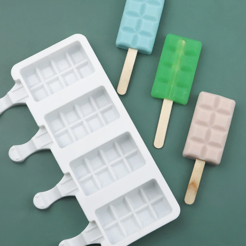 Description Picture 6 of item4 Cells Ice Cream Moulds Grid Texture Silicone Popsicle Molds Juice Ice Cube Tray Wooden Popsicle Stick Ice-lolly Baking Tools