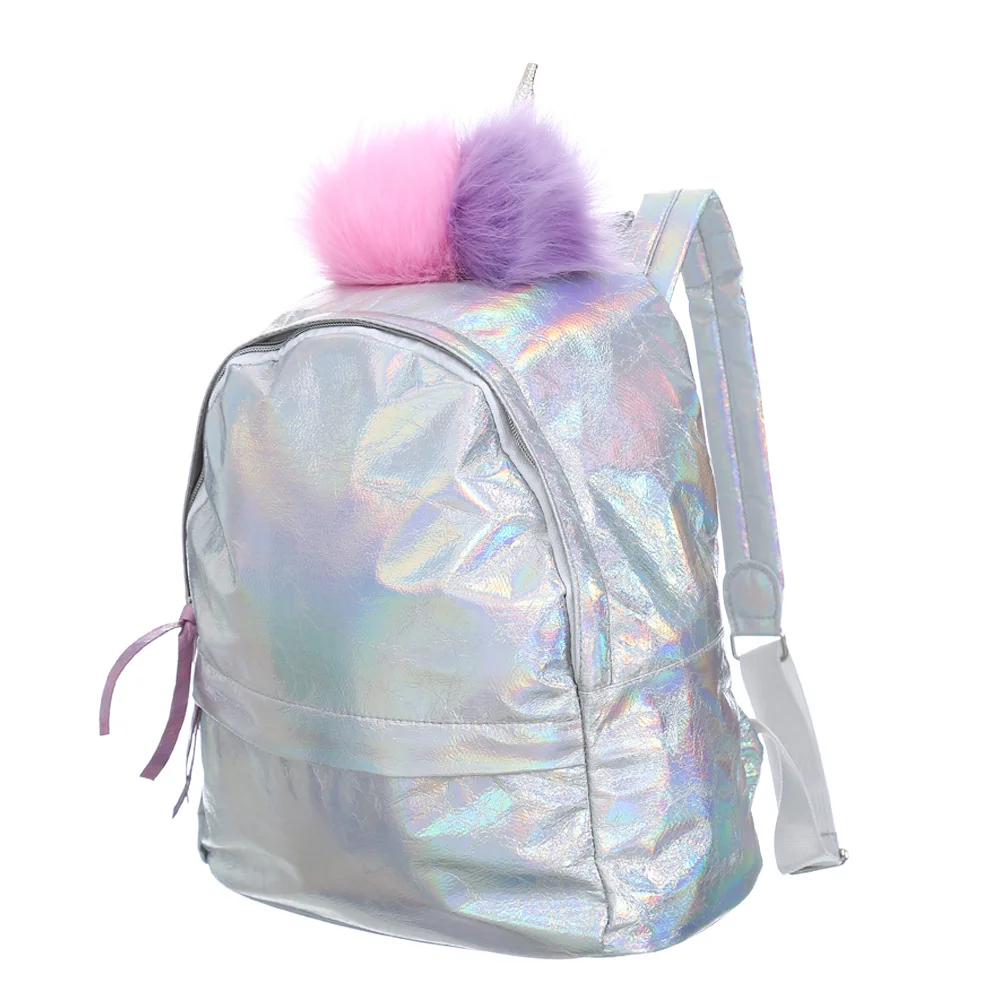 Модный сверкающий рюкзак с лазером из искусственной кожи для девочек-подростков, школьный голографический рюкзак, сумка на плечо для путешествий с помпоном - Цвет: Серебристый