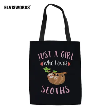 

ELVISWORDS Cute Sloth Print Brand Design Woman Fashion Travel Canvas Bags Custom Your Logo Tote Bag Shopper Shoulder Women's Bag