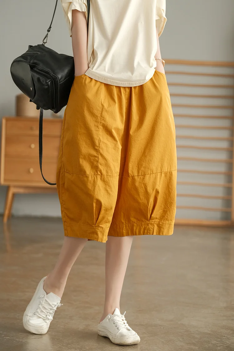 NINI WONDERLAND 2021 Summer Cotton Knee Length Straight Pants Retro Women Elastic Waist Loose Pants Korean Style Casual Trousers baggy pants