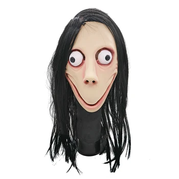 

Scary Momo Mask Hacking Game Horror Latex Mask Full Head Momo Mask Big Eye With Long Wigs