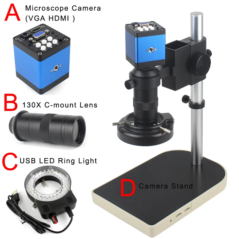 

Phone PCB Soldering Repair HDMI Microscope Camera Set 13MP 60F/S HDMI VGA Industrial Digital Microscope Camera 130X C mount lens