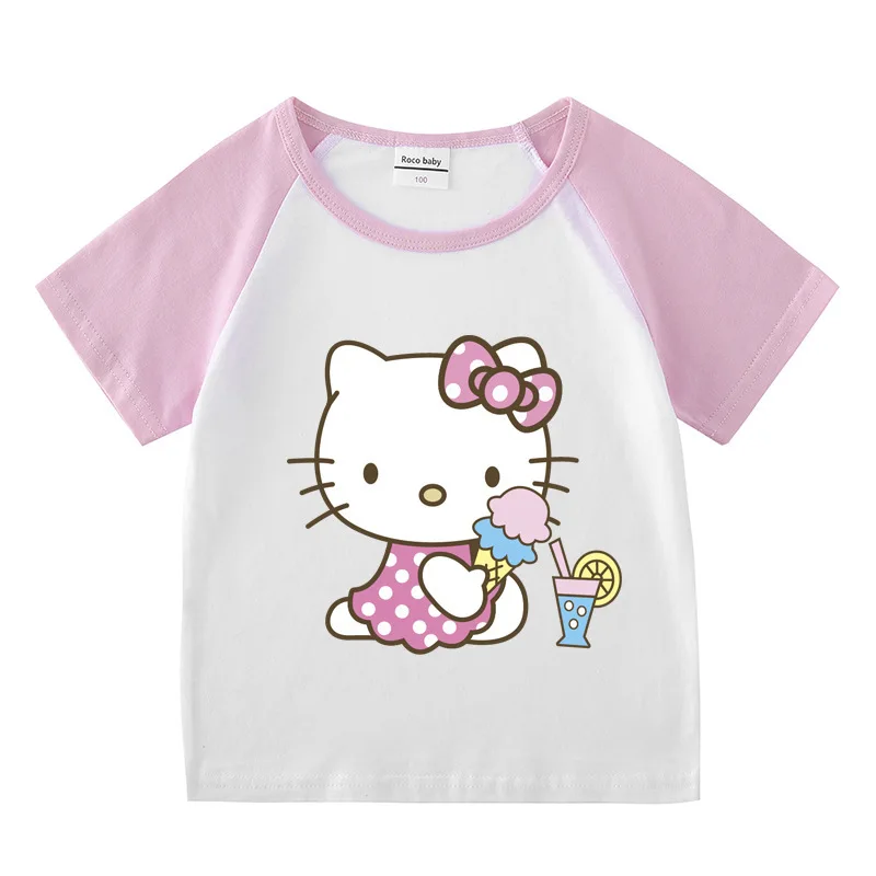 thumbnail image 1 of Hello Kitty-Camiseta de manga corta para niña, pantalones cortos deportivos informales, traje superior transpirable de algodón de dos piezas, novedad de verano, dibujos animados, 1 of 5