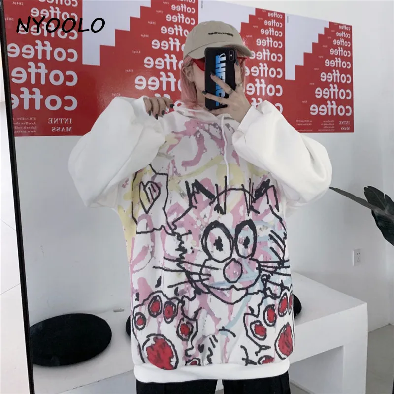 NYOOLO Harajuku уличная кошка принт плюс бархат теплые толстовки осень зима свободный длинный рукав с капюшоном пуловер Толстовка женские топы