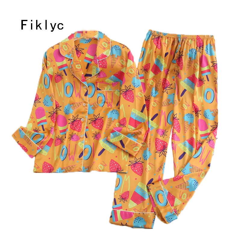 

Fiklyc underwear women's beautiful elegant luxury faux silk pajamas sets long sleeve turn-down collar autumn pyjamas nighties