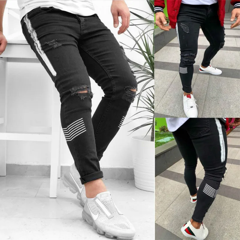 Mens Striped Print Jeans Brand New Skinny Ripped Destroyed Stretch Denim Trousers Casual Slim Fit Hip Hop Pencil Pants with Hole Mens Striped Print Jeans Brand New Skinny Ripped Destroyed Stretch Denim Trousers Casual Slim Fit Hip Hop Pencil Pants with Hole