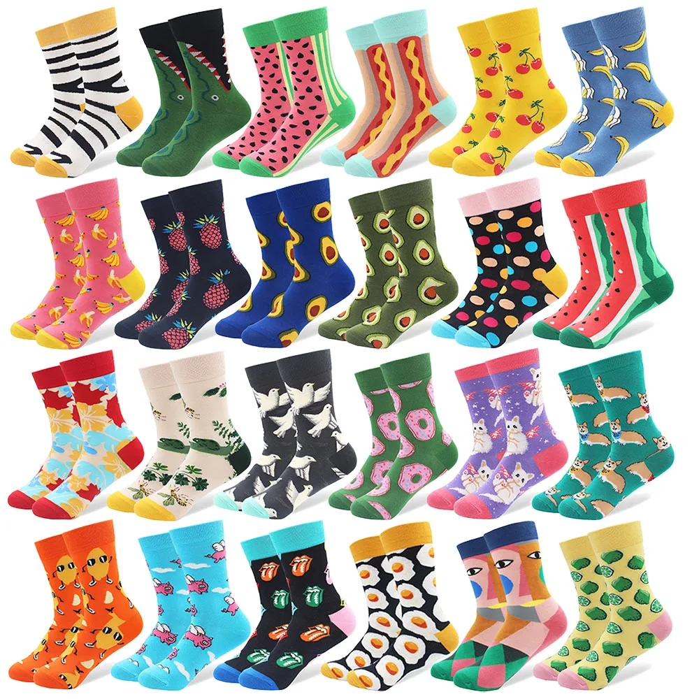 

5 Pairs/Lot Cute Cartoon Socks Combed Cotton Women's Socks with Bird Animal Pattern Long Tube Happy Funny Colored Socks