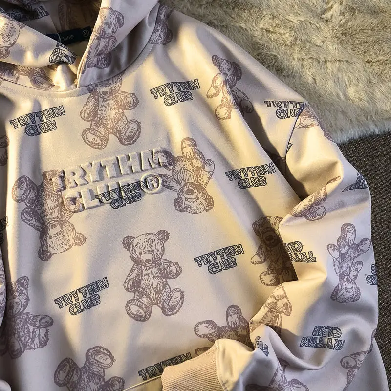 Хлопковая Осенняя женская рубашка с капюшоном и принтом в виде тонкого медведя