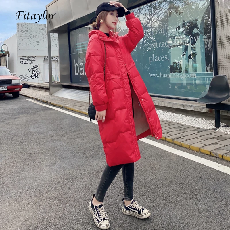 Fitaylor Winter Stand Collar Long Down Jacket Women 90% White Duck Coat Red Loose Solid Parka Thick Warm Snow Outerwear | Женская одежда