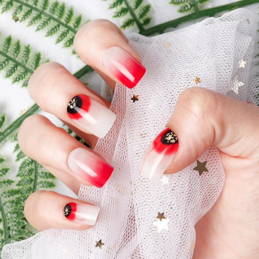 24pcs Gradient False Nail Hit Color Full Cover Art Tips Elegant Gold Leaf Diamond Design Detachable Fake Nails With Glue | Красота и