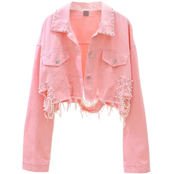 

Autumn Streetwear Pink White Women's Jeans Jacket Coat Beading Hole Short Female Denim Jackets Long Sleeve Loose Cowboy Outwear