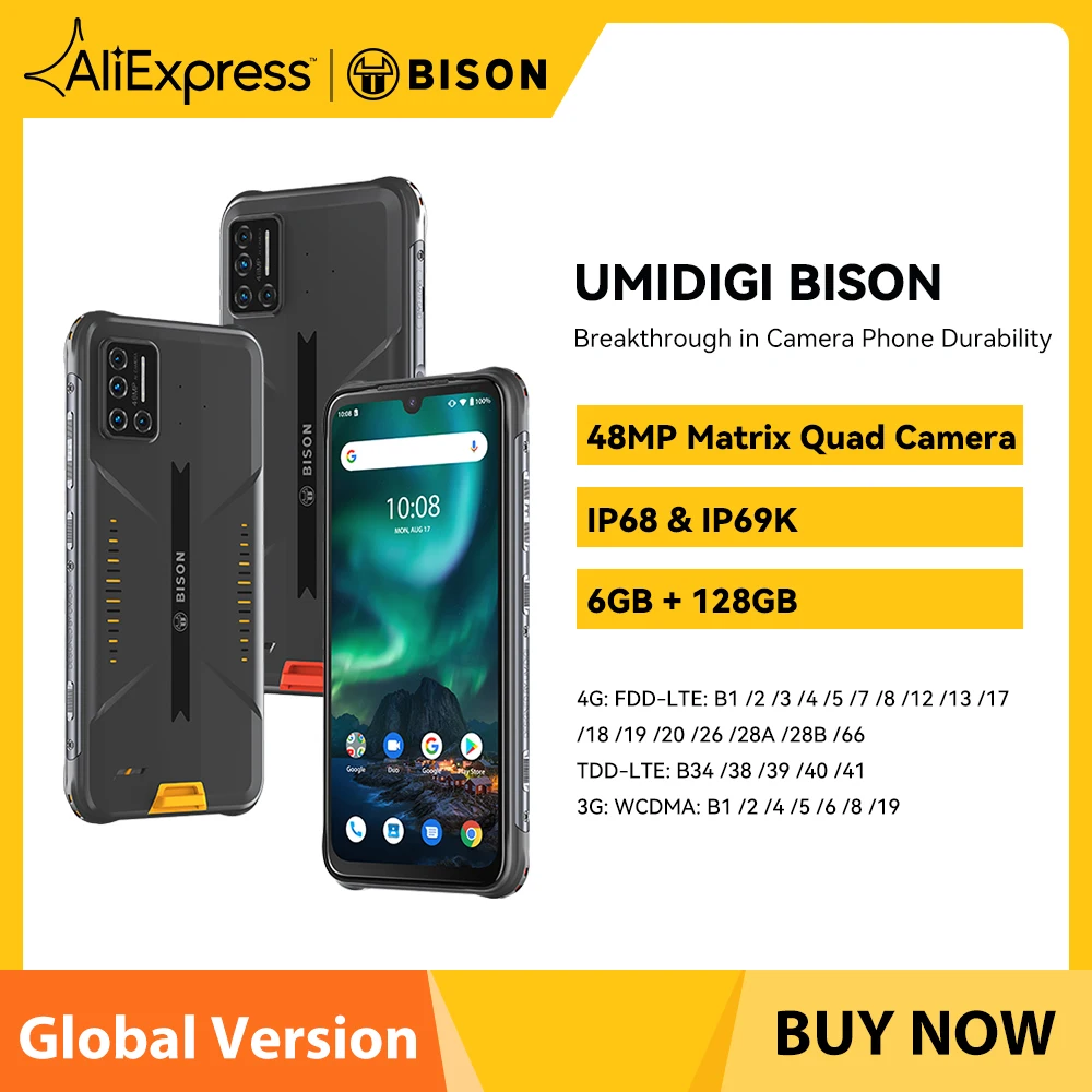 UMIDIGI BISON IP68/IP69K Waterproof Smartphone NFC Rugged Phone 6GB Ram 128GB 48MP Matrix Quad Camera 6.3" FHD+Display Cellphone |