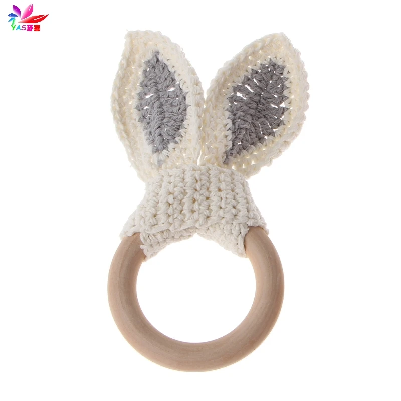 Baby Girl Boy Teething Ring Chewable Teether Wooden Natural Bunny Rattle Toy - Цвет: 1