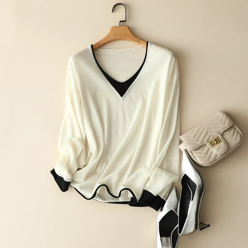 

Демисезонный новый шерстяной 100% кашемировый свитер из двух частей с v-образным вырезом, Европейская мода, свободные женские шикарные трикотажные топы