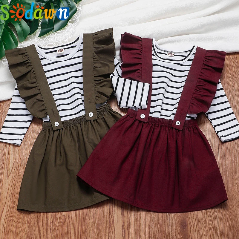 

Sodawn Spring Autumn Baby Girl Clothes Suit Toddler Costume Outfits 2PCS Straps + Stripe T-Shirts Children Clothing Sets