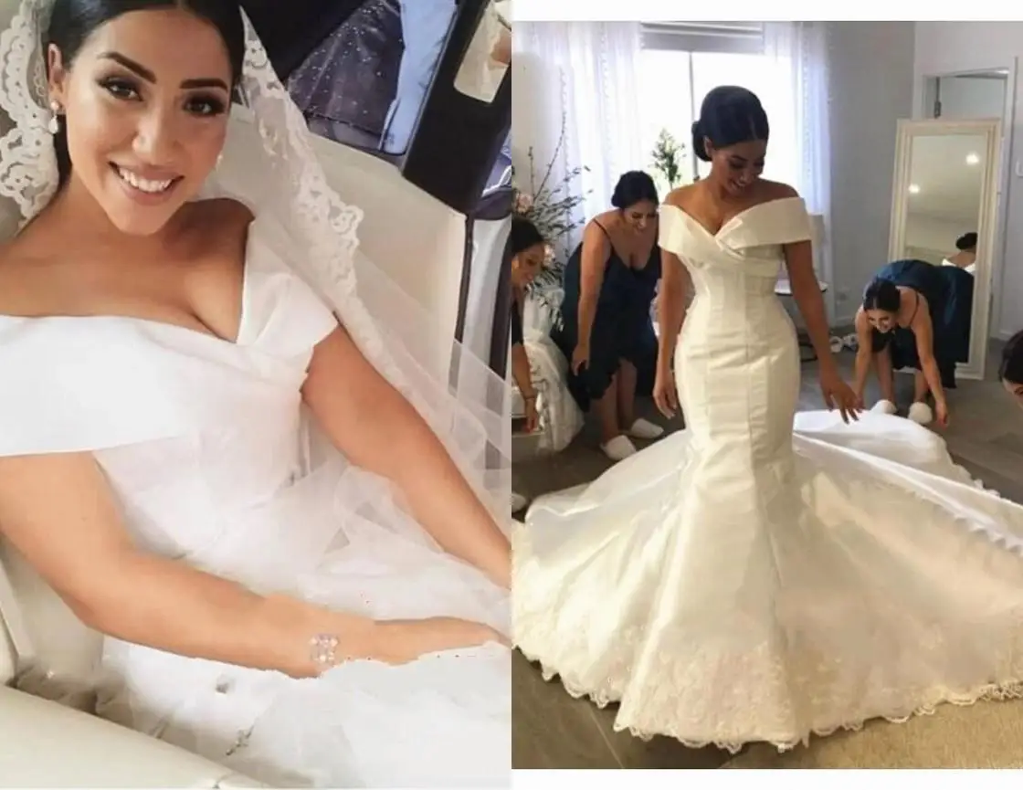 

Off Shoulder Memaid Wedding Dress Satin Lace Sleeveless Ruched Long Arabic Country African Sweep Train Custom Made Bridal Gowns