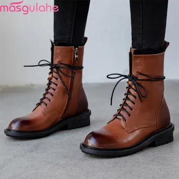 

Masgulahe 2020 Plus size 33-42 genuine leather women boots winter keep warm snow boots low heel round toe lace up ankle boots