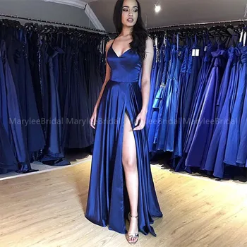 

Sexy High Slit Royal Blue Evening Dress Spaghetti Straps Stretch Satin robe de soiree Cheap Formal Party Dress vestido de festa