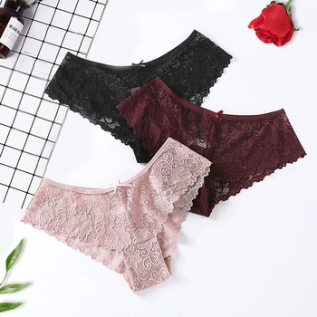 

Elovegirl 3PCS Floral Lace Hollow Out Panties Sexy Low Rise Briefs Panty For Ladies Cute Bow-Knot Bottom Cotton Sexy Underpanty