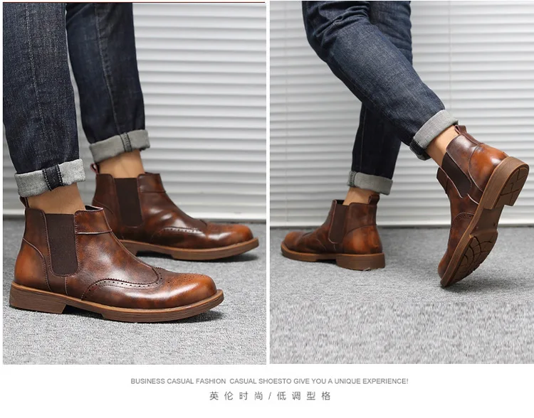 Winter PU Chelsea Boots Men Elastic Band Pointed Toe Ankle Boots Solid Casual Motorcycle Shoes Plus Size Black Brown