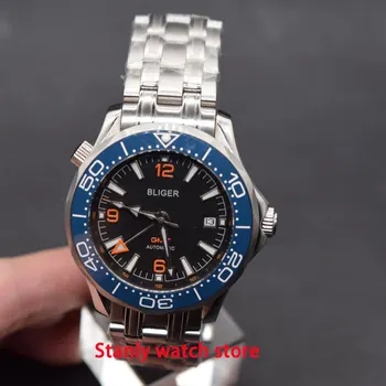 

Luxury brand bliger 41mm black dial luminous marks blue ceramic bezel GMT function sapphire automatic movement men's wrist watch