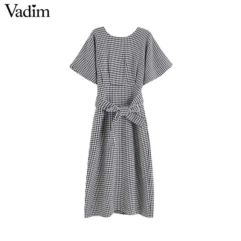 Vadim женское шикарное платье с принтом «гусиные лапки» с поясом сзади на молнии с короткими рукавами женские повседневные шикарные платья средней длины QC726