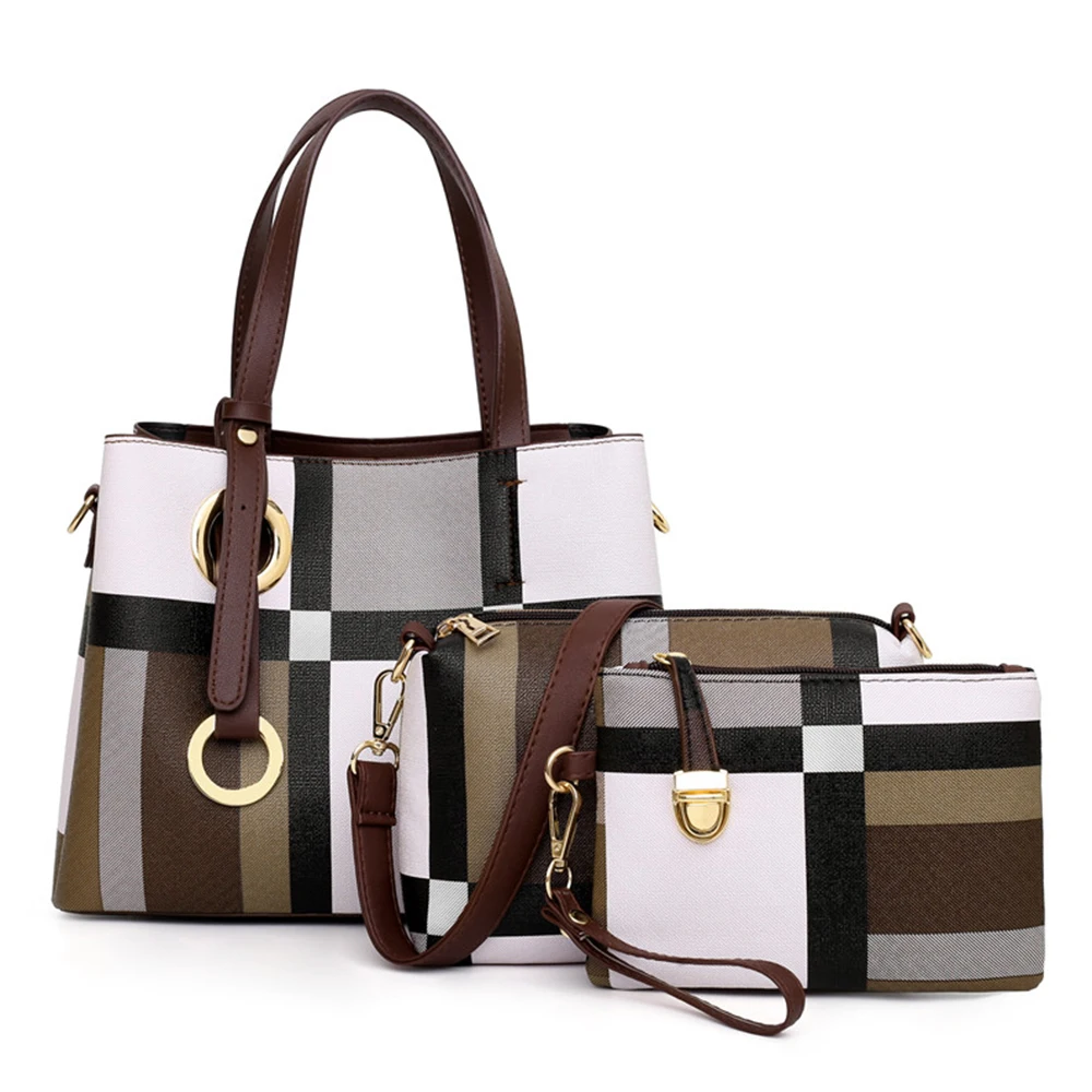 

Women Handbags Designer Quality Leather Female Shoulder Tote Bag Luxury Plaid Set 3 Pieces Bags Composite Clutch Bolsa Feminina