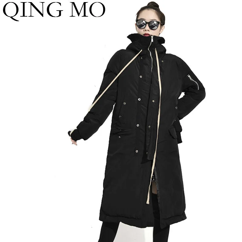 QING MO черное однотонное Женское пальто с хлопковой подкладкой Женское зимнее плотное теплое длинное пальто на молнии с капюшоном Верхняя одежда Пальто ZQY1859