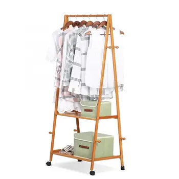 

Floor Hanger Multifuctional Bamboo Wardrobe Stand Rack with 8 Coat Hooks 2-tier Shoe Clothes Storage Shelves handbag display
