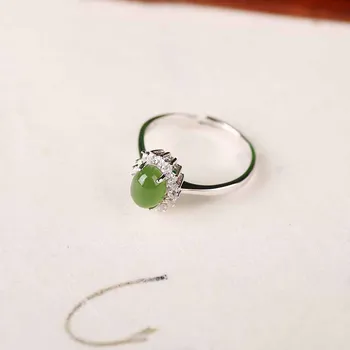 

Natural jade and Tianyu women S925 silver-encrusted jade fashion simple egg face live ring opening ring