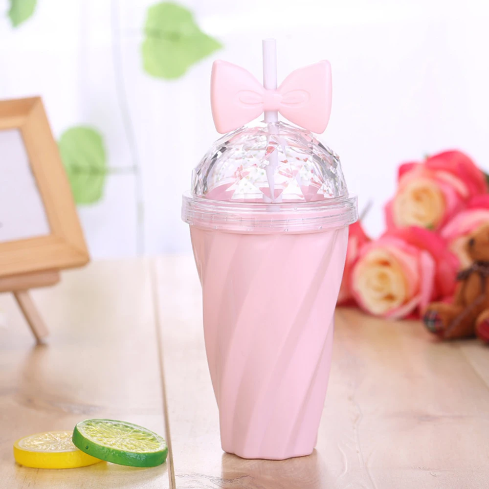 Hot Lovely 400ml Candy Color Coffee Cup Lemon Juice Cup With Straw Lid Plastic Bowknot Straw Water Cup