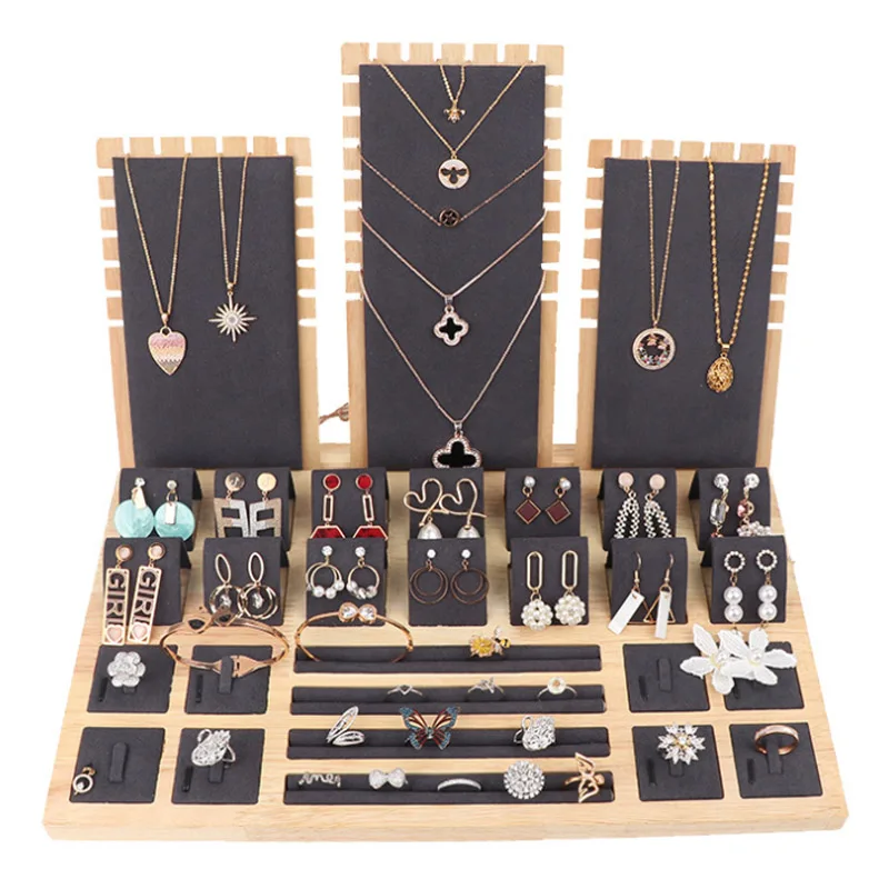 In Stock Wood Green Earring Necklaces Display Stand Hanger For Women Counter Jewelry Stand Shooting Live Jewellery Display Props
