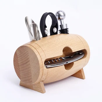

4 Pieces Wine Opener Set Stainless Steel Bottle Opener with Wood Box Stand Corkscrew Pourer Stopper Foil Cutter Home Decoration