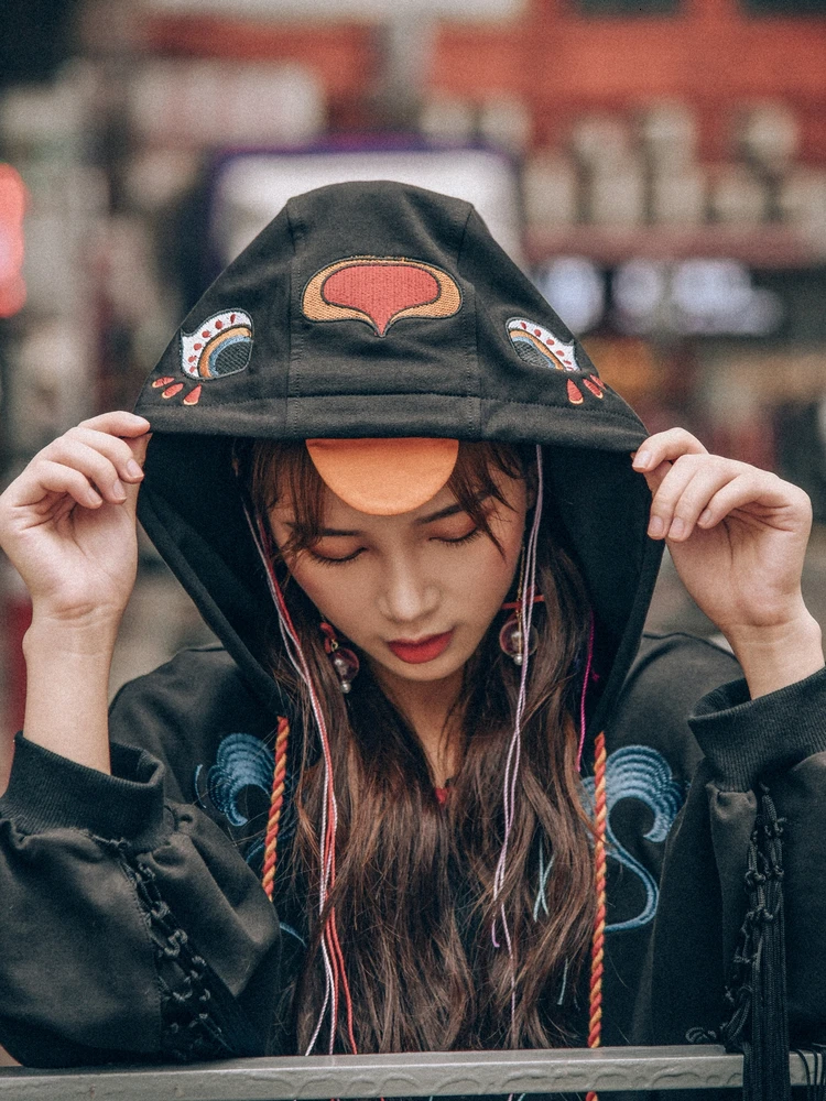 Японские милые уличные модные женские толстовки Harajuku Kawaii толстовка с капюшоном с вышивкой плюс бархатный пуловер Топы