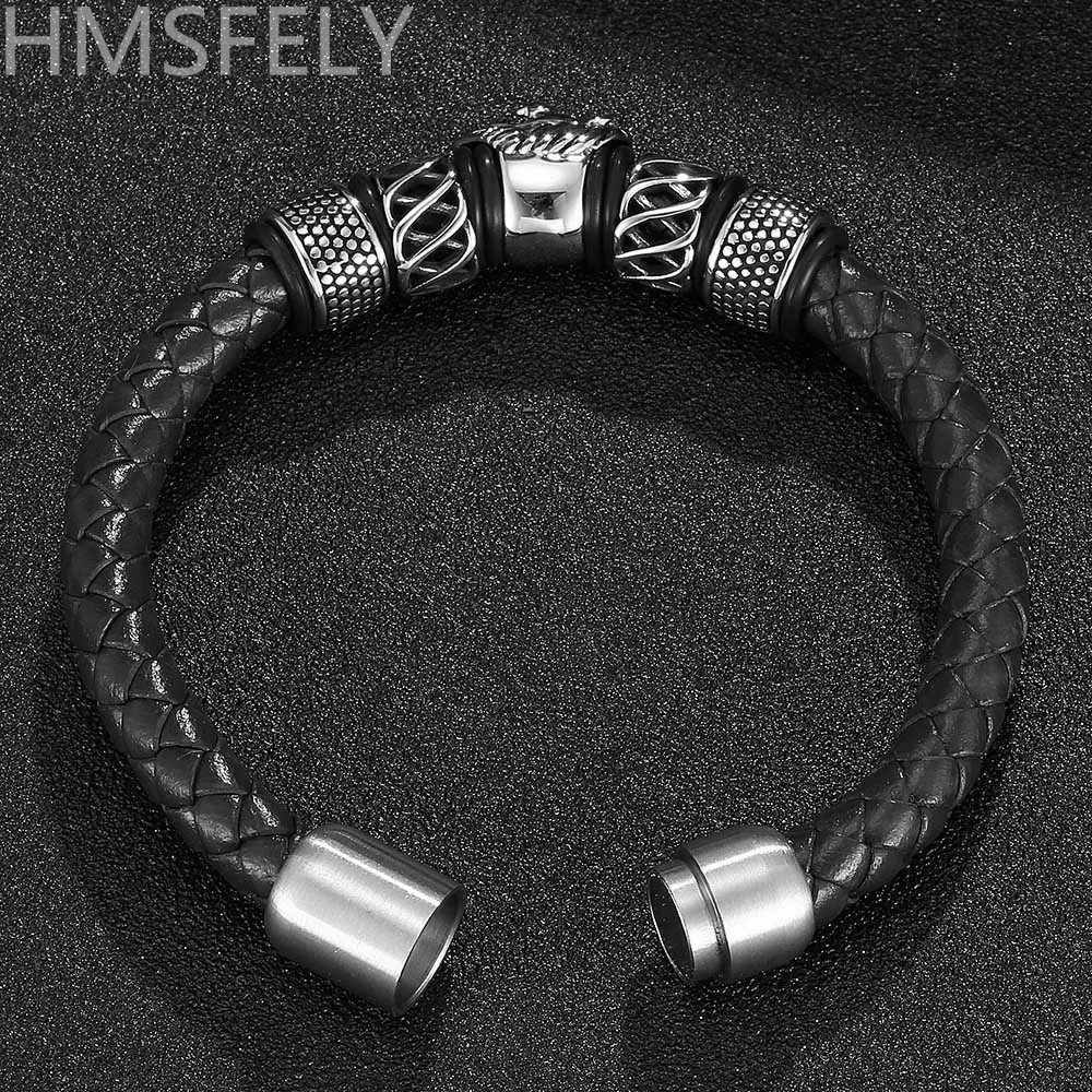 HMSFELY модный браслет из нержавеющей стали с головой льва черные коричневые браслеты из натуральной кожи для мужчин магнитные браслеты Прямая