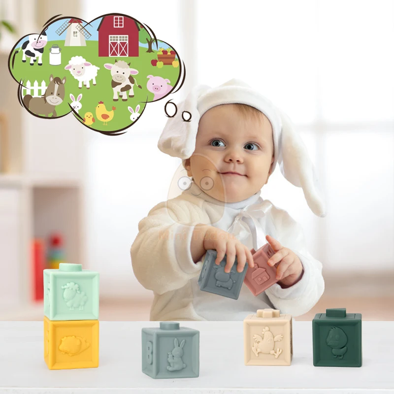 Baby Toys Soft Building Blocks Silicone Teethers Sensory Grasp 3D Touch Hand Balls Massage Squeeze Rubber For 13 24 Months Gift