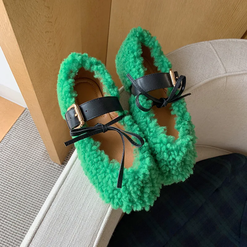 Vienantin/обувь на овечьем меху; Женская осенне-зимняя верхняя одежда; Повседневная обувь; Новинка года; обувь в горошек с ремешком и пряжкой; обувь на плоской подошве; Цвет Зеленый