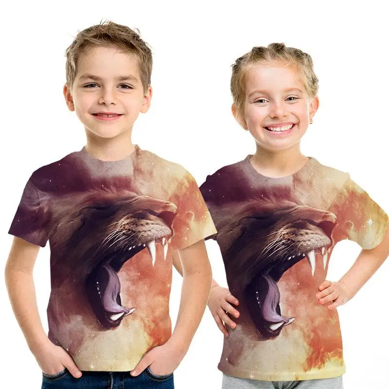 Camiseta de manga corta con estampado de lobo de leopardo de manga corta para nios y nias con estampado 3D De Len animal