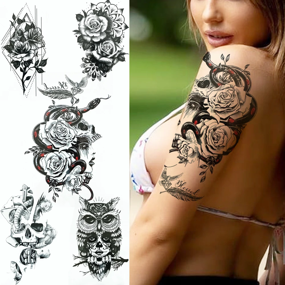 Long Lasting Temporary Tattoos For Women Girl Black Snake Flower Death Skull Fake Tatoo Feather Diamond Hawk Tattoo Sticker | Красота и