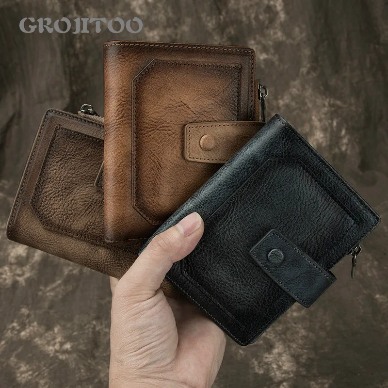 

GROJITOO Handmade artistic vertical cowhide wallet men's short large capacity soft leather wallet simple buckle wallet