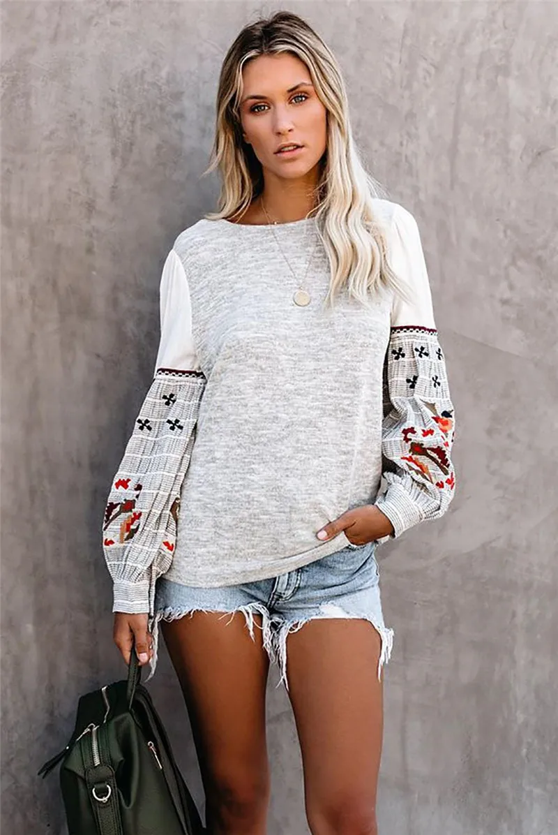  Printed Sleeve Knit Sweatshirts Women Blouse Patchwork Top Designed Back Keyhole Long Billowy Sleev