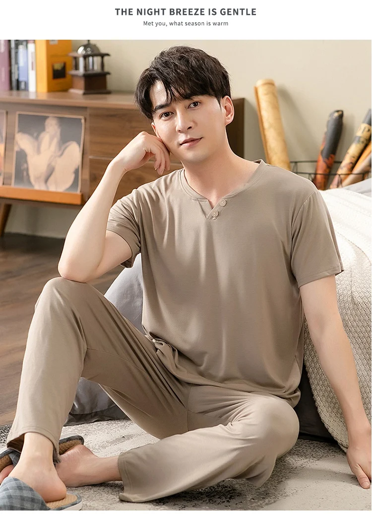 Plus Size Short Sleeve Long Pants V-neck Modal Pajama Set for Men 2021 Summer Korean Sleepwear Suit Pyjama Male Homewear Clothes mens cotton pyjamas